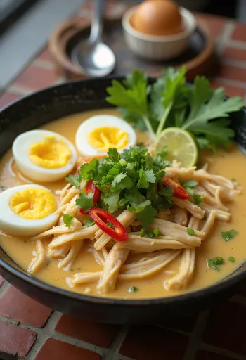 Betawi laksa, tamarind coconut based soup served with chicken, noodles and fresh vegetables.