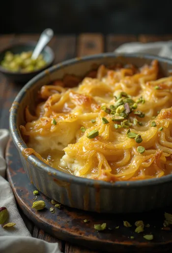 Galaktoboureko with kataifi pastry, decorated with rich creamy filling and pistachios.