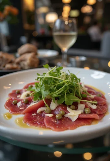 Horse meat carpaccio served with rocket, Parmesan, and capers.
