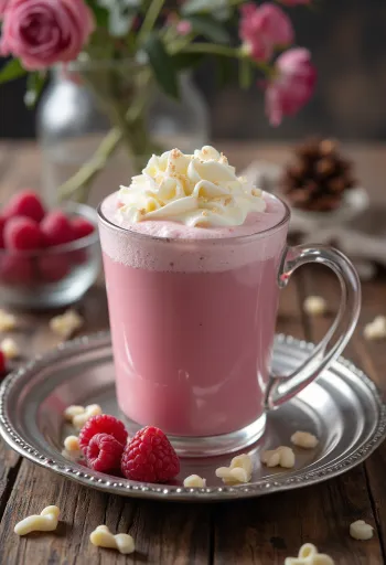 Hot raspberry and white chocolate cider steaming in a mug