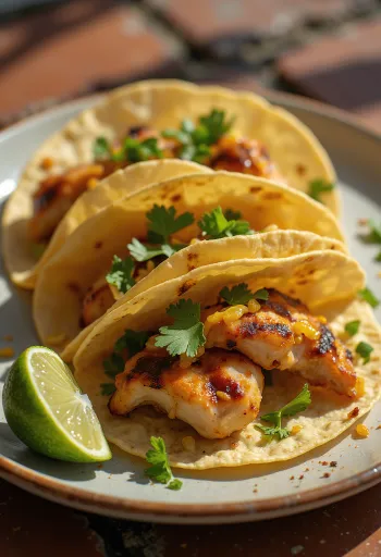 Pollo asado taco served with lime and coriander