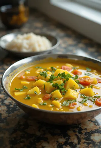 Rasam with raw mango, served with rich spices