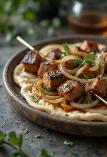 Shashlik skewers served with grilled vegetables