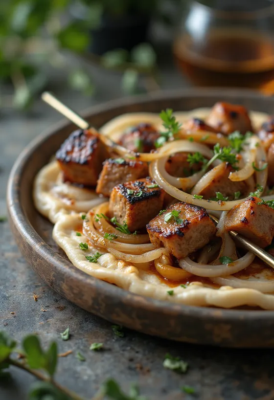 Shashlik skewers served with grilled vegetables