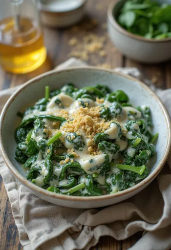 Creamy creamed spinach freshly cooked, served on a white plate.