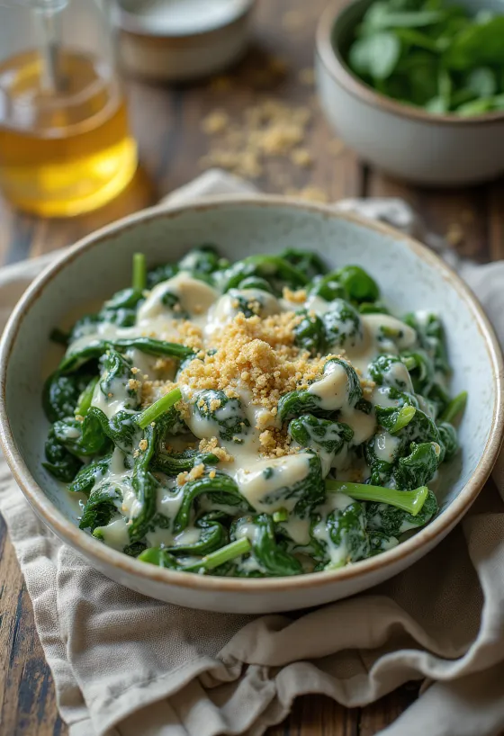 Creamy creamed spinach freshly cooked, served on a white plate.