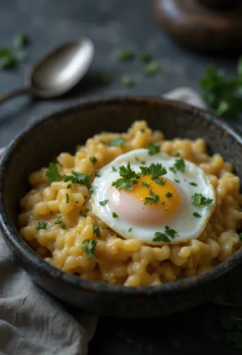 Açorda with poached egg, garnished with fresh coriander, drizzled with lemon juice
