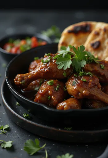 Adobo chicken served with naan bread in appetising spiced sauce