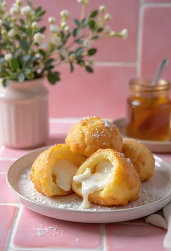 Æbleskiver with ricotta filling, golden brown colour, served dusted with icing sugar