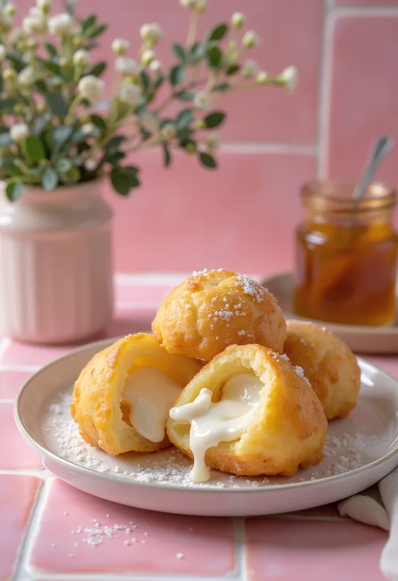 Æbleskiver with ricotta filling, golden brown colour, served dusted with icing sugar