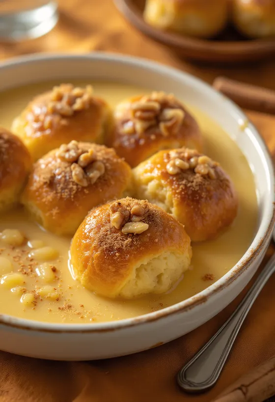 Golden dumplings served with vanilla custard