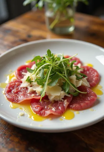 Beef carpaccio served with rocket and parmesan