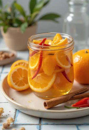 Spicy pickled oranges served in a jar