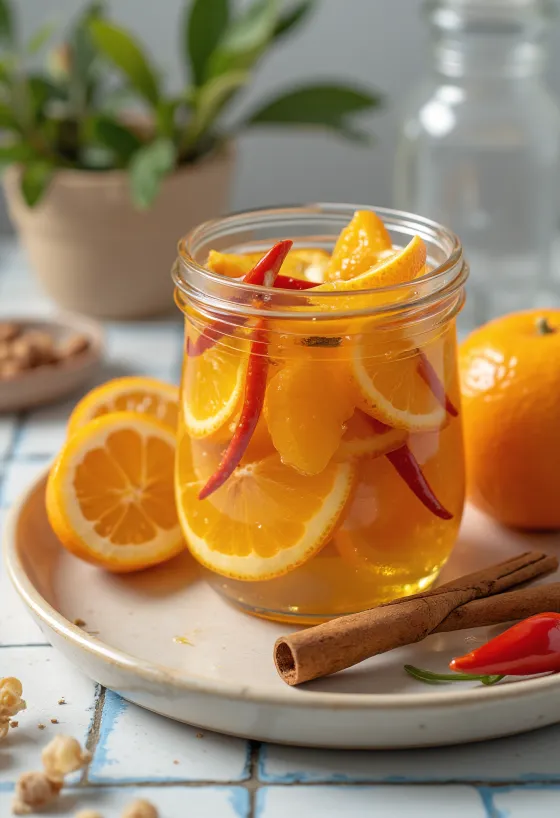 Spicy pickled oranges served in a jar