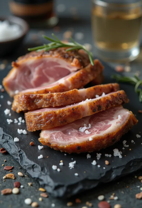 Iberico pork secreto served with lemon wedges and grilled vegetables.
