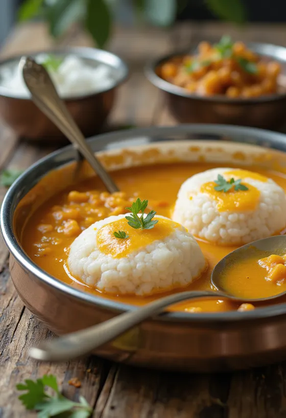 Freshly made idli with sambar, steamed idli and spicy lentil sauce