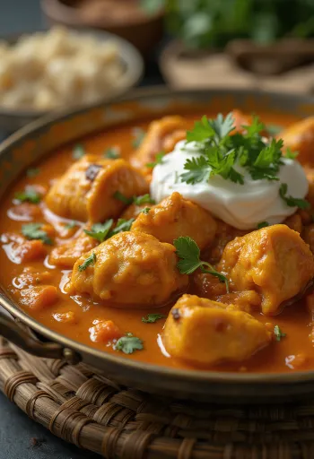 Chicken tikka masala in creamy tomato sauce, garnished with fresh coriander