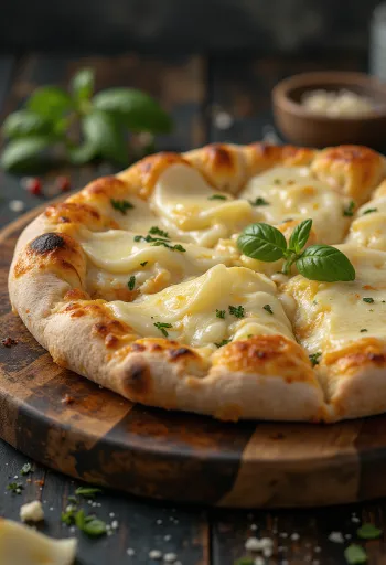 Pizza ai Formaggi served with various cheeses and fresh basil