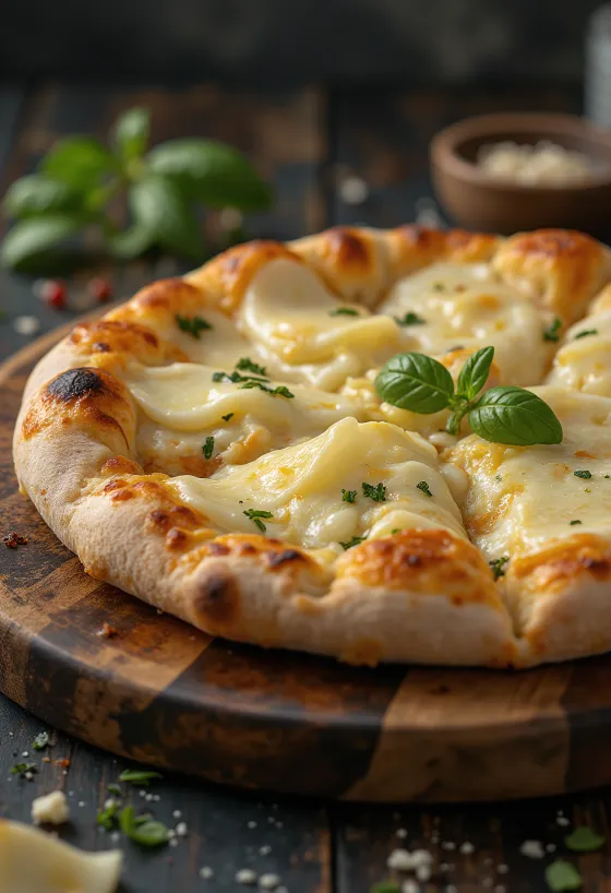 Pizza ai Formaggi served with various cheeses and fresh basil