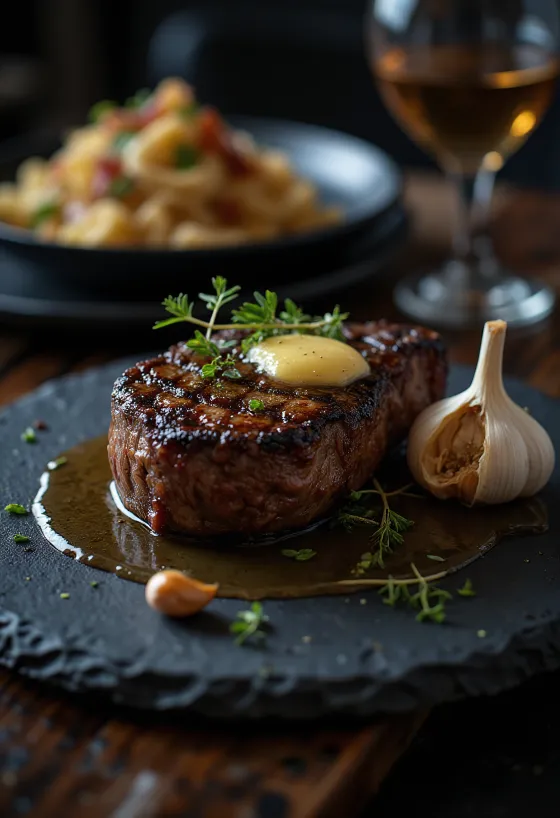 Rib-eye steak seared golden brown, served with fresh herbs and butter