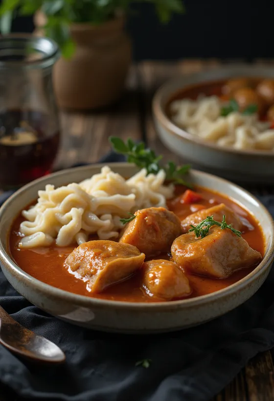 Pork Pörkölt served with Nokedli