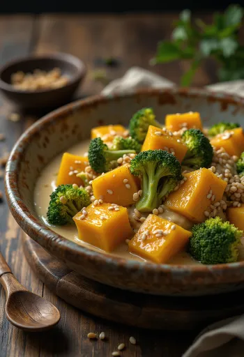 Pumpkin broccoli curry with tahini