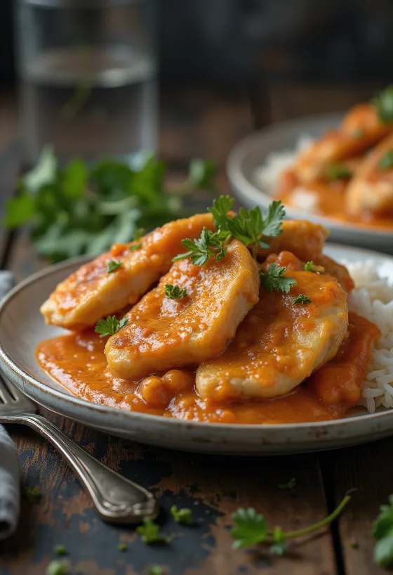 Creamy paprika chicken breast with juicy chicken pieces in a smooth sauce