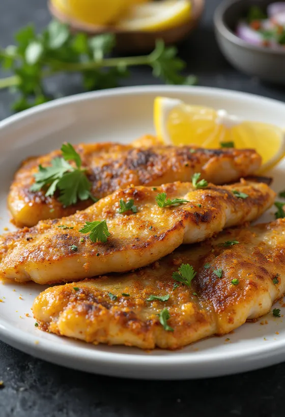 Tilapia fry with cumin, served with lemon and fresh coriander