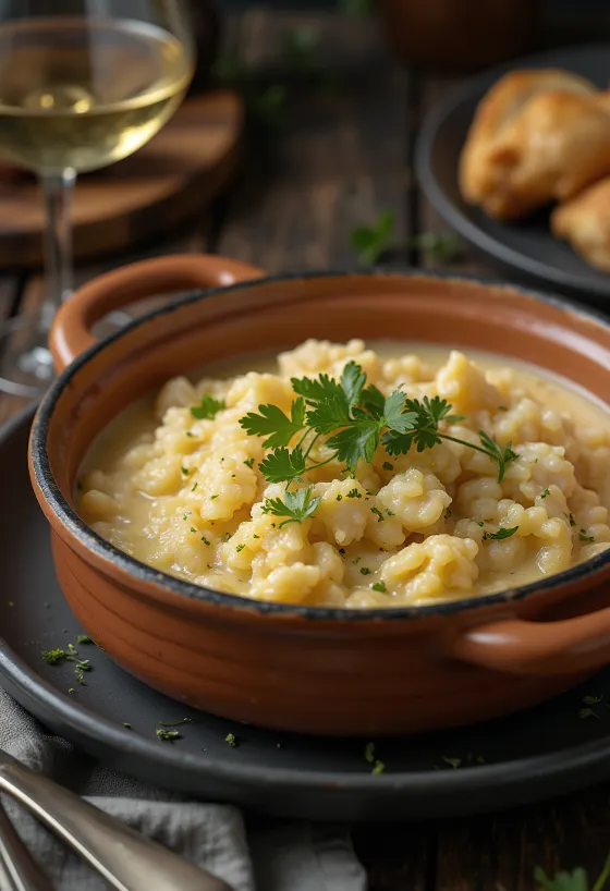Açorda with cod, fish soup with white wine, milk and fresh parsley
