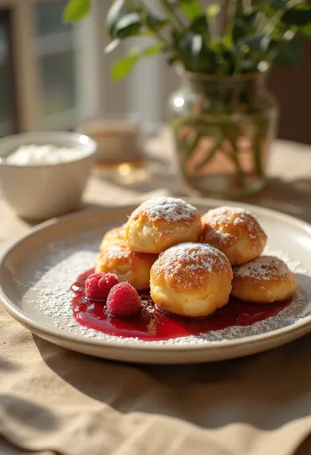 Æbleskiver served with raspberry jam and icing sugar