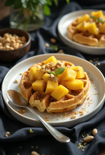 African-inspired waffle with mango, peanuts and lime juice