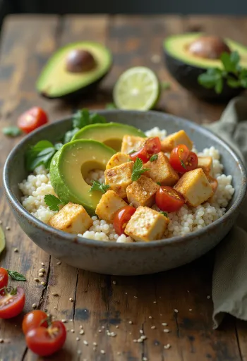 Avocado lime tofu salad with quinoa base