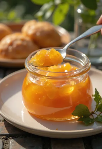 Homemade apricot jam made from fresh, ripe apricots filled in a jar