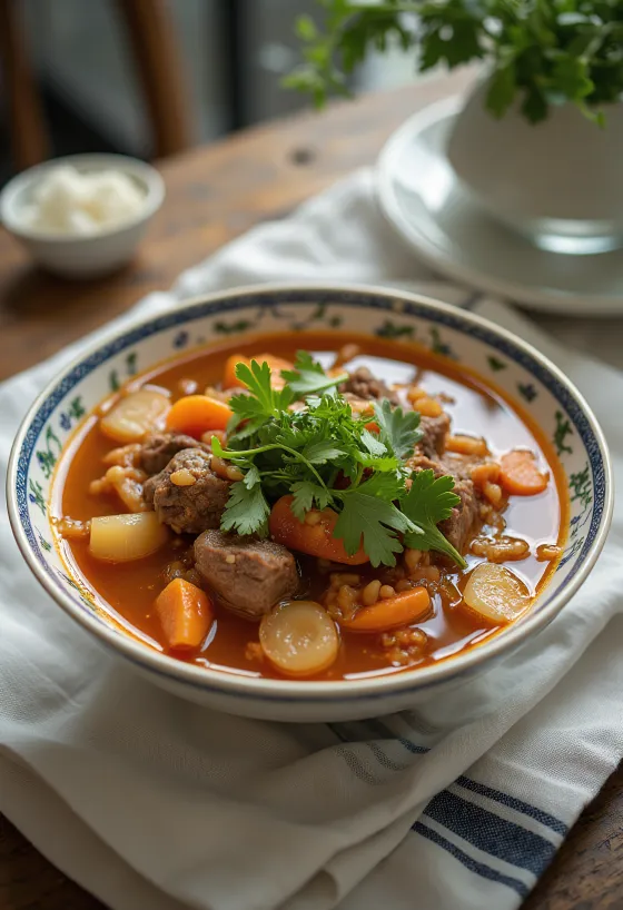 Bò Kho with coriander, rich Vietnamese beef soup served with fresh coriander and chilli peppers