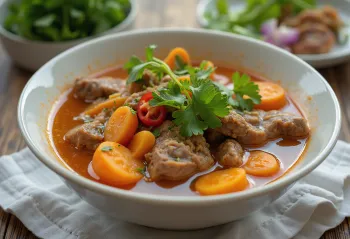 Bò Kho with coriander, rich Vietnamese beef soup served with fresh coriander and chilli peppers
