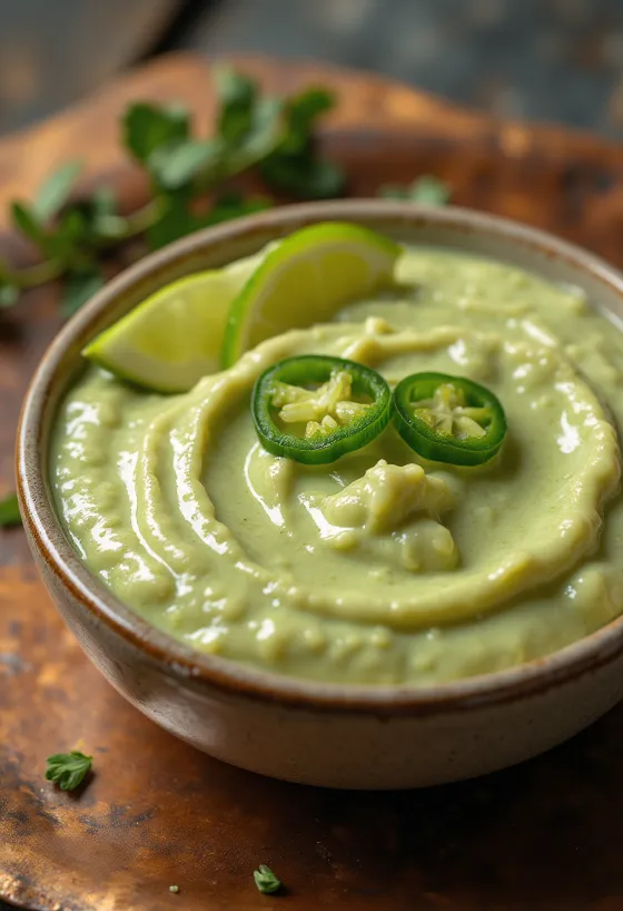 Jalapeño lime sauce in a bowl, decorated with lime slices and fresh coriander.