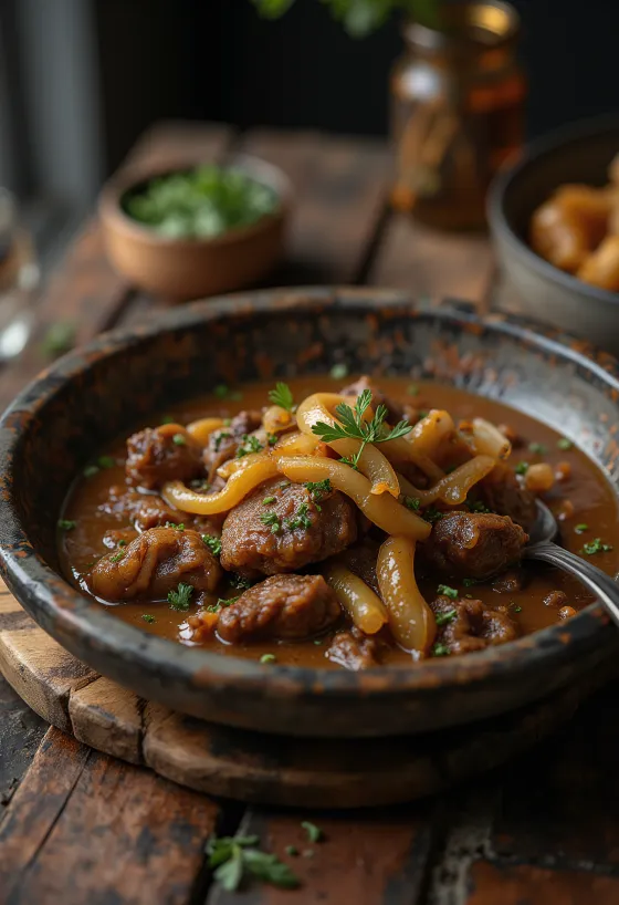 Kalops with onion, rich meaty gravy