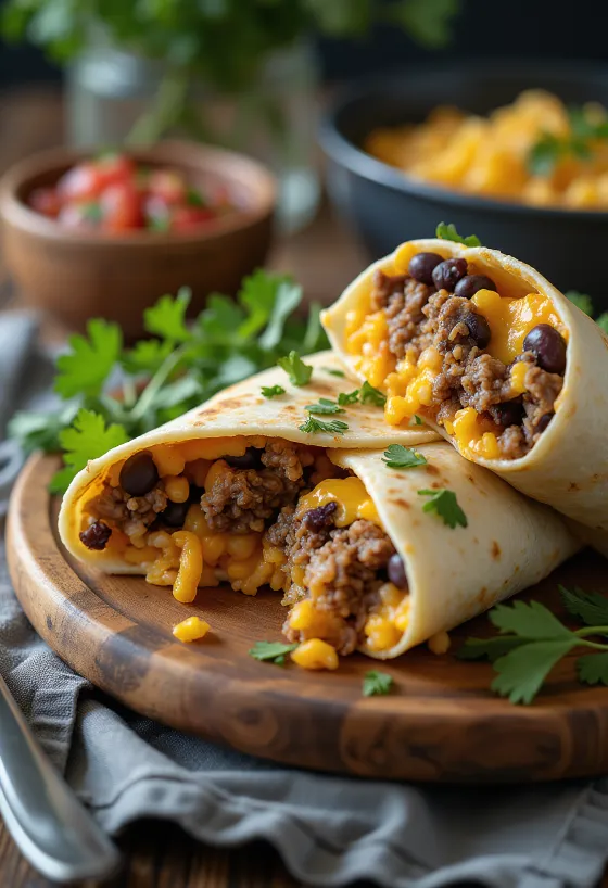 Mexican burrito in tortilla wrap, filled with rice, beans and beef