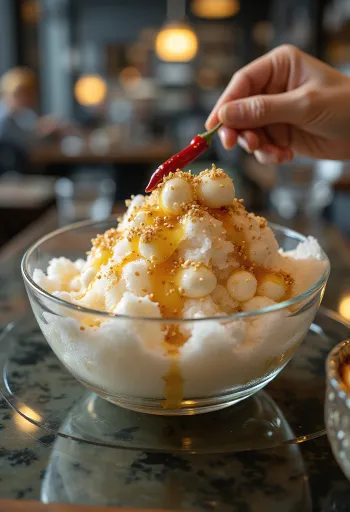 Cheese bingsu served with rich cheese and soy sauce decoration