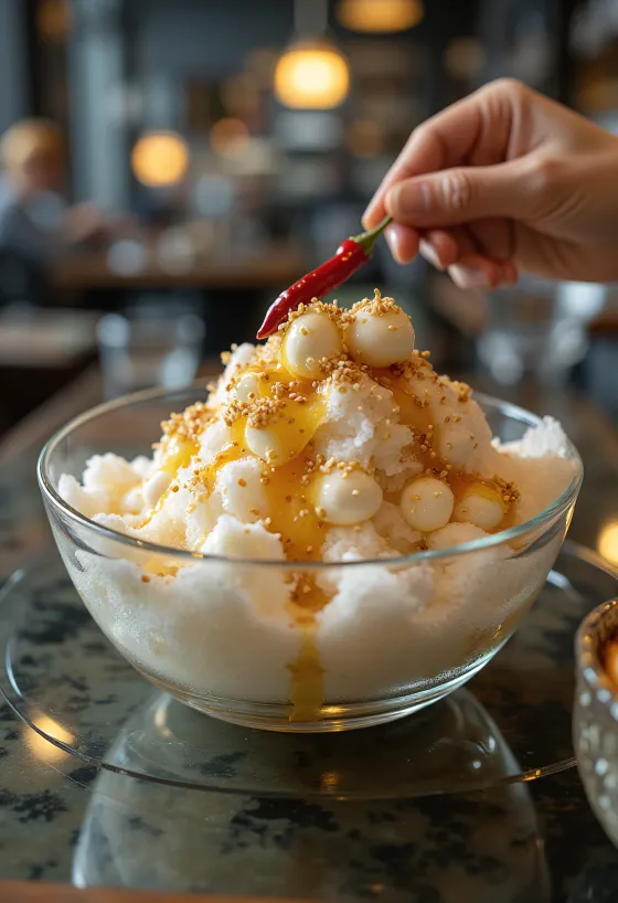 Cheese bingsu served with rich cheese and soy sauce decoration