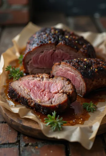 Smoked brisket served in thin slices with barbecue sauce and sides
