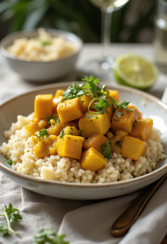 Pumpkin lime tofu with quinoa curry served