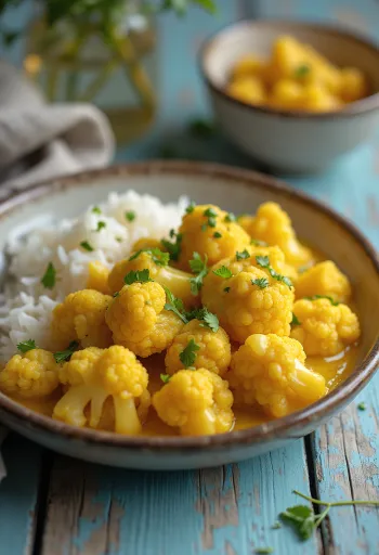 Vegan cauliflower curry served with coconut milk and spices