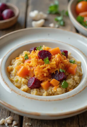 Açorda with vegetables, in a bowl garnished with parsley