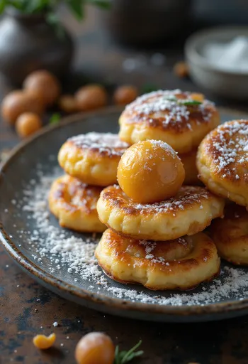 Æbleskiver pancakes, sprinkled with icing sugar