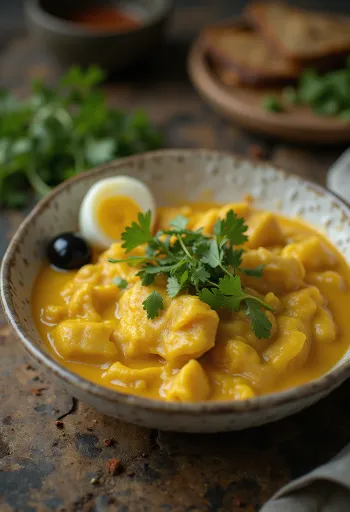 Ají de gallina served with coriander and creamy sauce