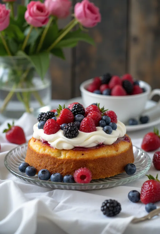 Summer berry mousse cake served on a plate
