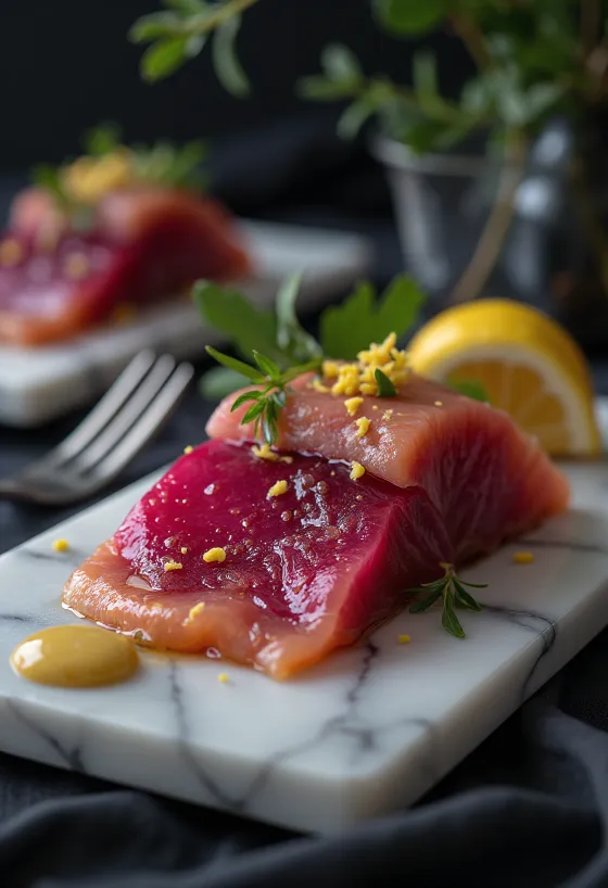 Gravlax in beetroot marinade served with fresh dill