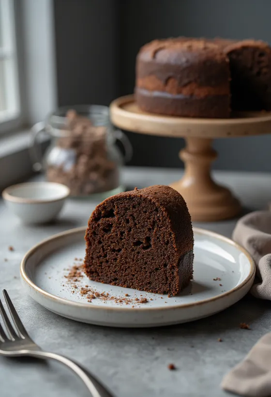 Soft and light chocolate sponge cake, dusted with icing sugar and cut into slices.