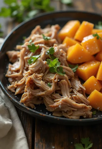 Kalua Pork with sweet potato, served with fresh coriander